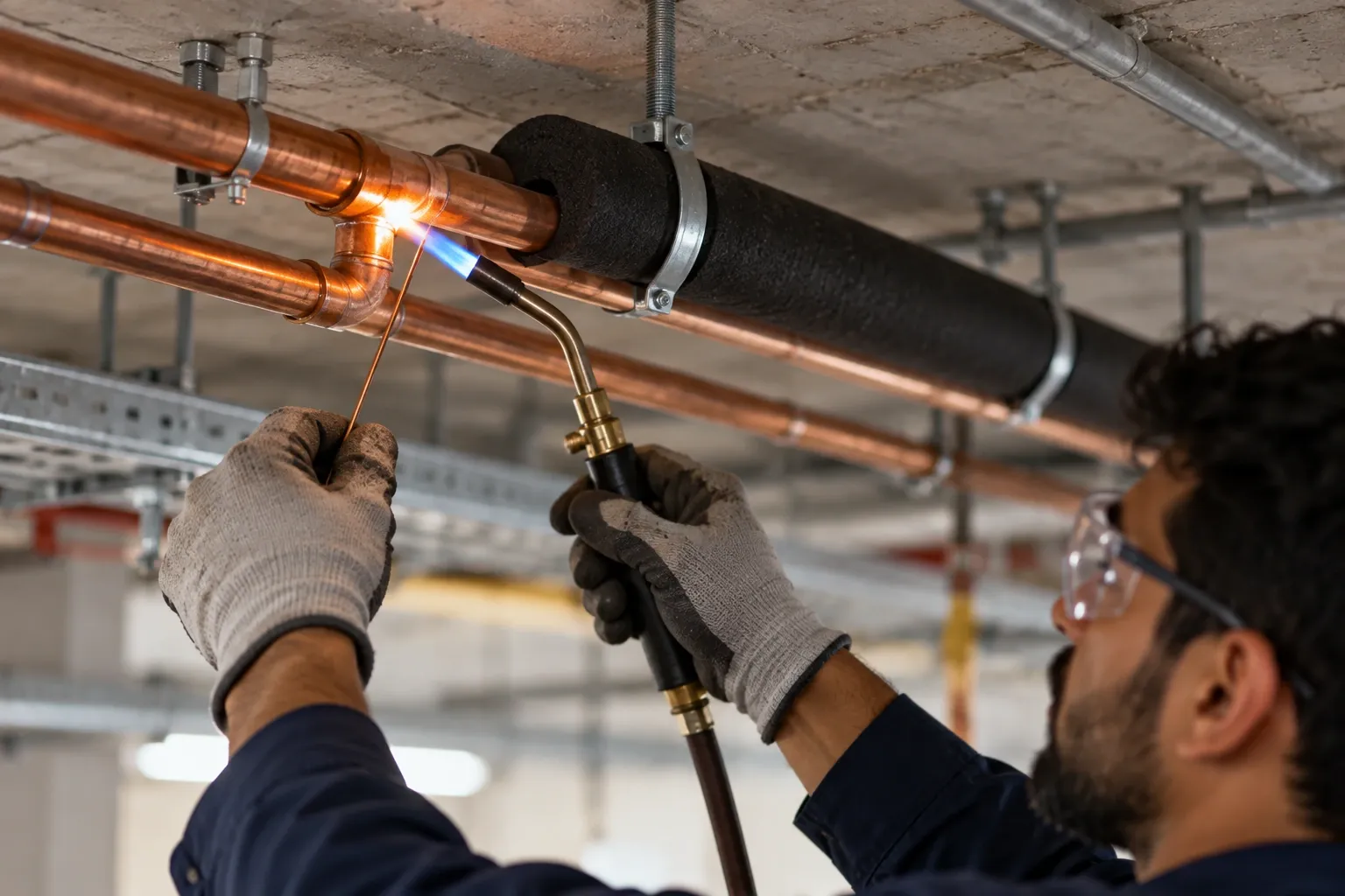 Technician brazing a copper pipe joint, wearing gloves and safety glasses