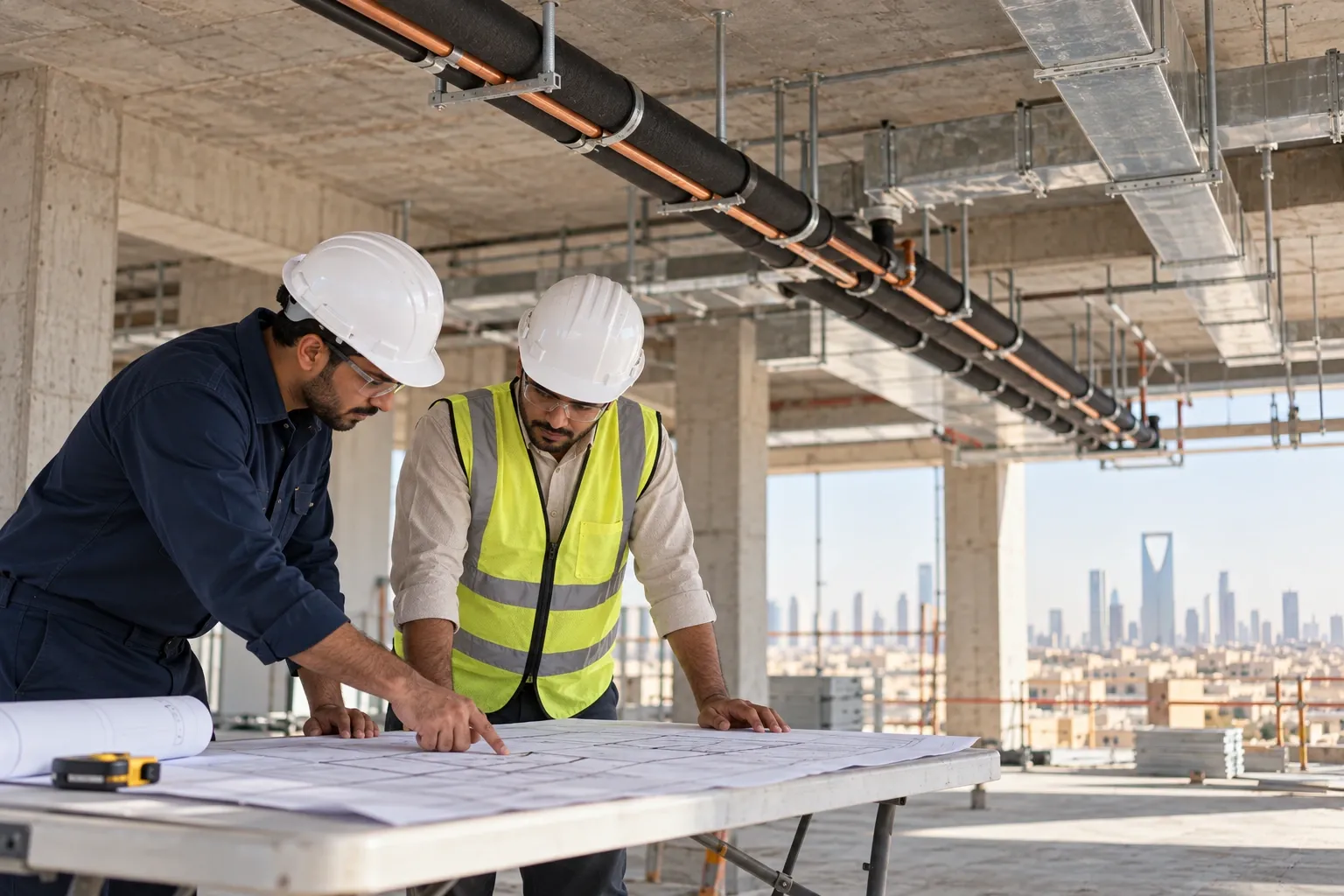 Technician and site supervisor reviewing installation drawings on a commercial site