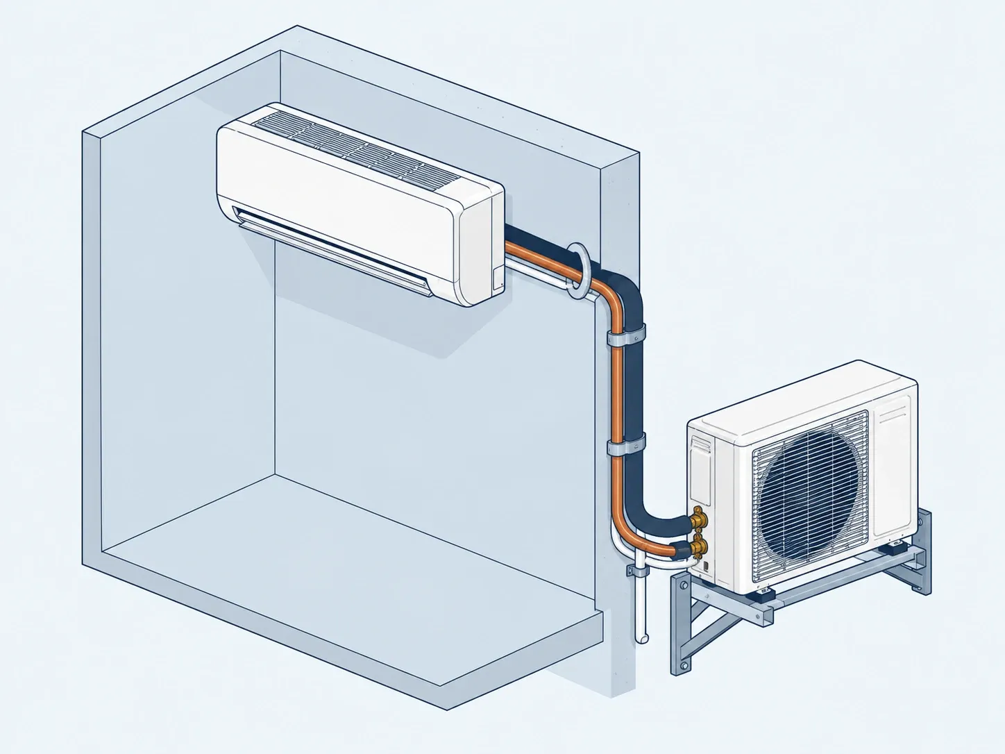 Drawing of a split AC indoor unit connected through the wall to an outdoor unit by copper pipes