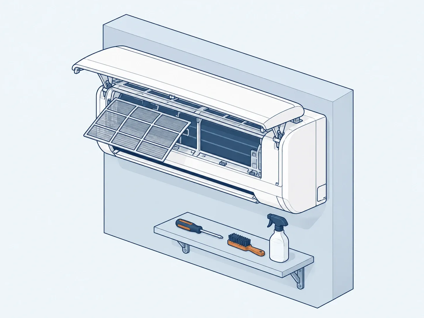 Drawing of a split AC indoor unit opened for maintenance, with its filter pulled out and cleaning tools
