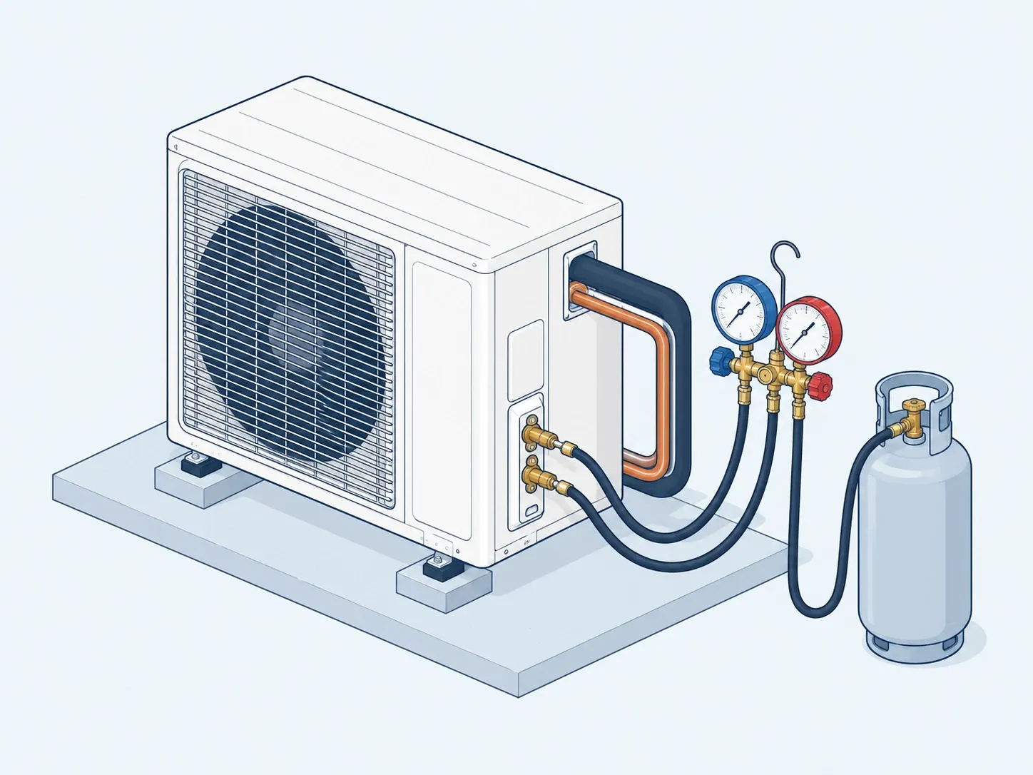 Drawing of gauges and a refrigerant cylinder connected to an outdoor AC unit