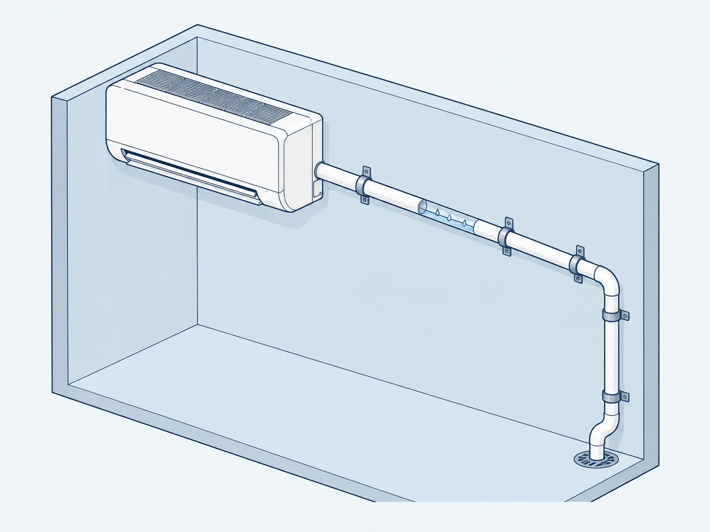 Drawing of an AC condensate drain pipe running downhill along a wall to a floor drain